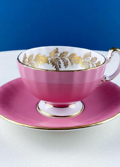 Vintage Aynsley Pink Tea Coffee Cup & Saucer. Bucket of Flowers Motif. Gold Leaf Border. Collectible Dining Room Decor. Hosting Essentials.