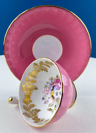 Vintage Aynsley Pink Tea Coffee Cup & Saucer. Bucket of Flowers Motif. Gold Leaf Border. Collectible Dining Room Decor. Hosting Essentials.