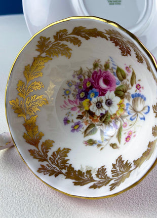 Vintage Aynsley Pink Tea Coffee Cup & Saucer. Bucket of Flowers Motif. Gold Leaf Border. Collectible Dining Room Decor. Hosting Essentials.