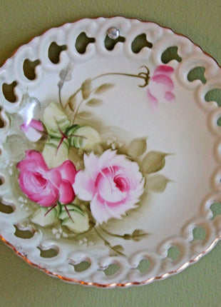 Lefton Porcelain Hand Painted Pitcher. Heritage Green Pitcher with Pink Roses, Crimped Rim, Scalloped Foot. Dining Room Decor. Cottagecore.