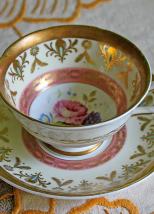 SOLD. Antique Royal Grafton Tea Cup and Saucer with Scalloped Gold Rim and Flowers