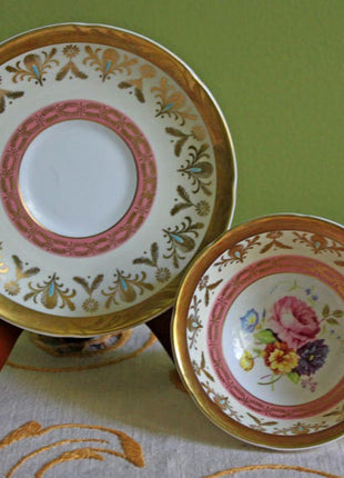 SOLD. Antique Royal Grafton Tea Cup and Saucer with Scalloped Gold Rim and Flowers