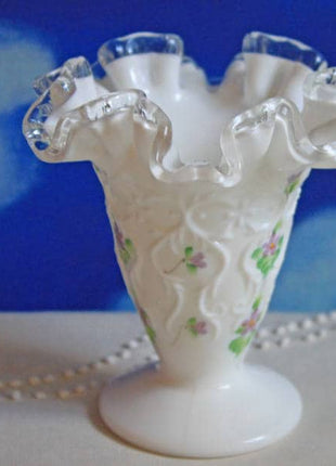 Fenton Milk Glass Vase. Cone Vase with Silvercrest Ruffled and Scalloped Rim and Hand Painted Violets.