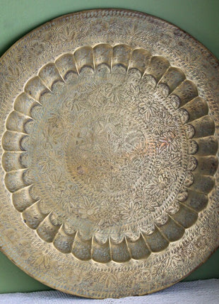 Round Brass Vintage Tray Table Top Wall Art. Large Reticulated Lacey Ornate Hand Pounded Platter. Ethnic Home Decor.
