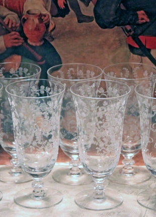 Antique Fostoria Crystal Chintz Champagne Glasses. Set of Five Stemware with Etched Wild Roses. Home Dining Table Decor.