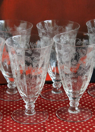 Antique Fostoria Crystal Chintz Champagne Glasses. Set of Five Stemware with Etched Wild Roses. Home Dining Table Decor.