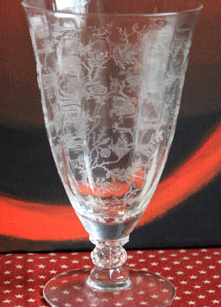 Antique Fostoria Crystal Chintz Champagne Glasses. Set of Five Stemware with Etched Wild Roses. Home Dining Table Decor.