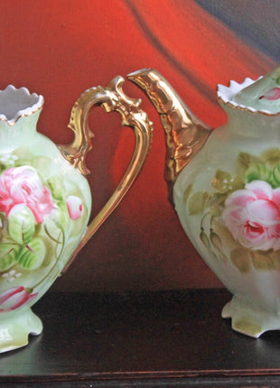 Lefton Porcelain Hand Painted Pitcher. Heritage Green Pitcher with Pink Roses, Crimped Rim, Scalloped Foot. Dining Room Decor. Cottagecore.