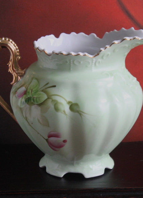 Lefton Porcelain Hand Painted Pitcher. Heritage Green Pitcher with Pink Roses, Crimped Rim, Scalloped Foot. Dining Room Decor. Cottagecore.