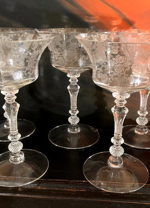Vintage Cambridge Rose Point Etched Crystal Champagne or Low Sherbet Glasses, Set of 4