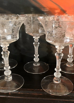 Vintage Cambridge Rose Point Etched Crystal Champagne or Low Sherbet Glasses, Set of 4, Collection #2