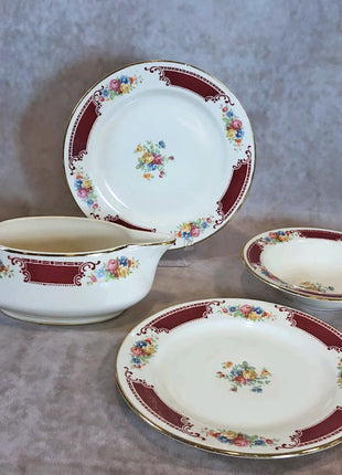 Homer Laughlin  Antique Porcelain Dishes with Brittany Majestic Floral Pattern H46N6.  Berry Bowl  / Sauce Boat / 2 Small Plates .