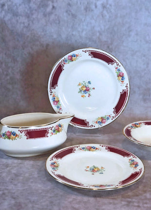 Homer Laughlin  Antique Porcelain Dishes with Brittany Majestic Floral Pattern H46N6.  Berry Bowl  / Sauce Boat / 2 Small Plates .