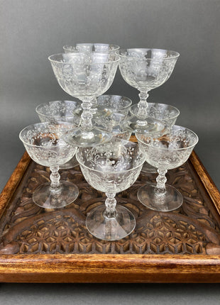 Fostoria Low Sherbet Glasses. Etched Meadow Rose Motif. Set of Ten Vintage Wine or Dessert Glasses.