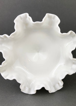 Fenton Milk Glass Candy Dish with Ruffled Edge. Vintage, Hobnail Trinket Dish. White Footed Bowl.