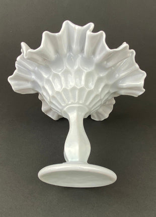 Fenton Milk Glass Candy Dish with Ruffled Edge. Vintage, Hobnail Trinket Dish. White Footed Bowl.