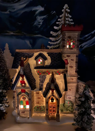 Illuminated Stoney Bridge Church by Santa's Workbench Collection. Victorian Series. Christmas Village Building. Porcelain Lighted House.