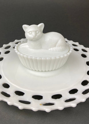 Vintage Westmoreland Milk Glass Cat Covered Dish. Trinket Condiment Serving Dish. Bath Display. Reticulated Lacey Edge. Gift for Cat Lover.