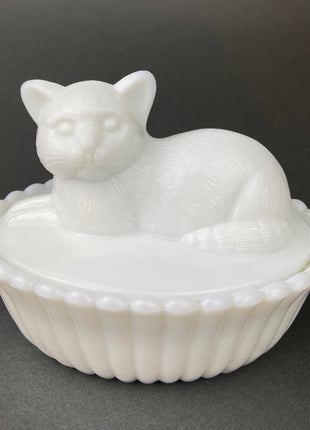 Vintage Westmoreland Milk Glass Cat Covered Dish. Trinket Condiment Serving Dish. Bath Display. Reticulated Lacey Edge. Gift for Cat Lover.