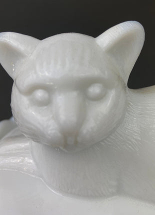 Vintage Westmoreland Milk Glass Cat Covered Dish. Trinket Condiment Serving Dish. Bath Display. Reticulated Lacey Edge. Gift for Cat Lover.