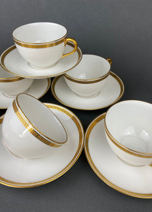 Antique Limoges Porcelain Tea Set with Clover Trim. Set of Six Dessert Plates, 5 Cups and Saucers, & Oval Serving Platter. Haviland France.