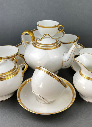 Antique Limoges Porcelain Tea Set with Clover Trim. Set of Six Dessert Plates, 5 Cups and Saucers, & Oval Serving Platter. Haviland France.