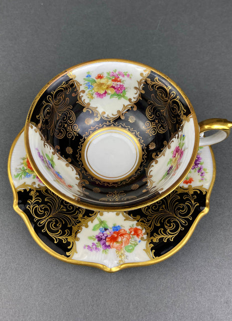 Antique Schumann ArzbergTea Cup and Saucer. Black and Gold. Made in Germany.