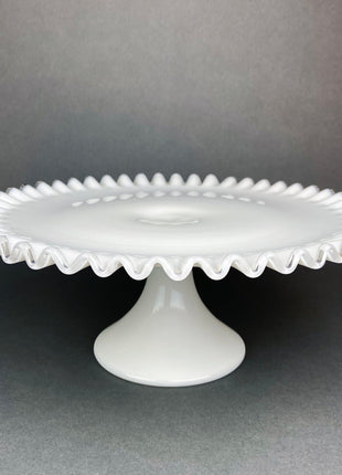 Vintage Thumb Print Milk Glass Cake Stand. White 12" Cake Serving Stand with Ruffled Edge. Wedding Birthday Holiday Celebration.