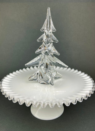 Vintage Hobnail Milk Glass Cake Stand. White 13" Cake Serving Stand with Ruffled Edge. Wedding Birthday Holiday Celebration. Dining Rm Decor