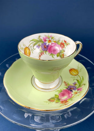 Vintage Foley Tea Cup & Saucer: Mint Green Floral Fine Bone China with Elegant Fluting