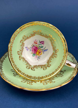 Vintage Foley Tea Cup & Saucer: Mint Green Floral Fine Bone China with Elegant Fluting