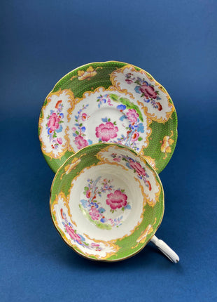 Vintage Foley Tea Cup & Saucer: Mint Green Floral Fine Bone China with Elegant Fluting