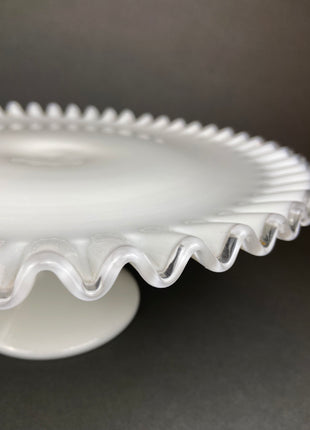 Vintage Hobnail Milk Glass Cake Stand. White 13" Cake Serving Stand with Ruffled Edge. Wedding Birthday Holiday Celebration. Dining Rm Decor