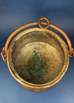 Vintage Copper Cauldron. Large Hand Pounded Bucket with Wrought Iron Handle. Hand Hammered Rustic Home Dining Room Decor. Gift for Him Her.