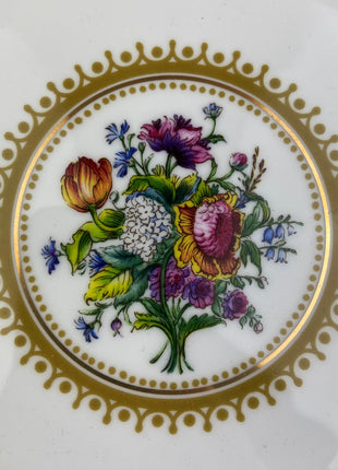 Vintage Porcelain Trio by Andrea by Sadek. Eighteen Century Inspired Cup, Saucer, and Dessert Plate with Floral Motif.
