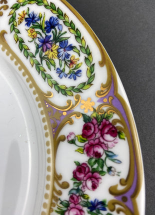 Vintage Porcelain Trio by Andrea by Sadek. Eighteen Century Inspired Cup, Saucer, and Dessert Plate with Floral Motif.