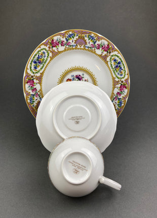 Vintage Porcelain Trio by Andrea by Sadek. Eighteen Century Inspired Cup, Saucer, and Dessert Plate with Floral Motif.