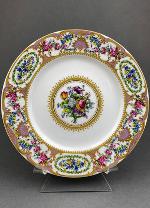 Vintage Porcelain Trio by Andrea by Sadek. Eighteen Century Inspired Cup, Saucer, and Dessert Plate with Floral Motif.
