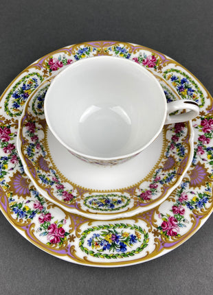 Vintage Porcelain Trio by Andrea by Sadek. Eighteen Century Inspired Cup, Saucer, and Dessert Plate with Floral Motif.