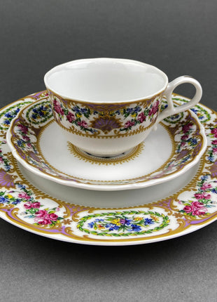 Vintage Porcelain Trio by Andrea by Sadek. Eighteen Century Inspired Cup, Saucer, and Dessert Plate with Floral Motif.