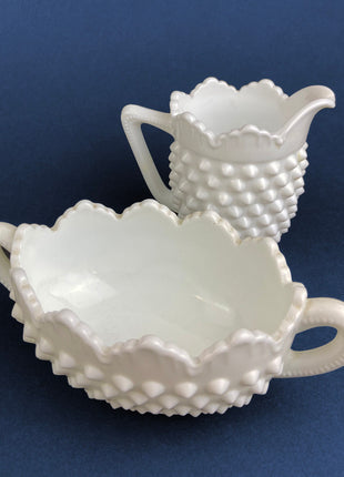 Vintage Fenton Milk Glass Sugar Bowl and Creamer. White Hobnail Serving Dishes with Scalloped Rims. Collectible Glass. Dining Room Decor.