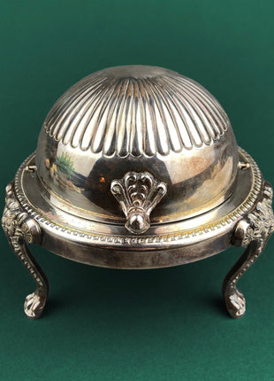 Iruinware Caviar Dome Dish Made in British Hong Kong. Silver Metal Serving Bowl. Lion Feet Dome Lid. Table Setting. Stylish Housewares.