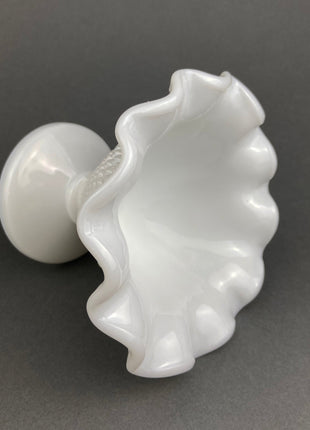 Fenton Milk Glass Candy Dish with Ruffled Edge. Vintage, Hobnail Trinket Dish. White Footed Bowl.