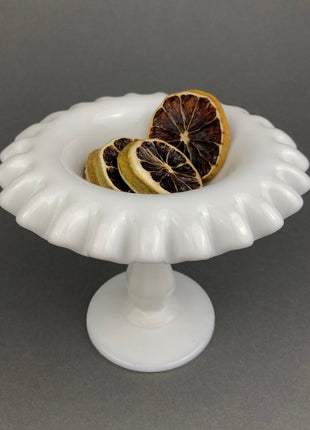 Fenton Milk Glass Candy Dish with Ruffled Edge. Vintage, Hobnail Trinket Dish. White Footed Bowl.