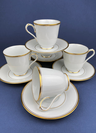 Noritake Legendary Crestwood Platinum Tea Set. 8 White Cups & Saucers with Silver Embossed Bands. 4 Matching Dessert Plates. Dining Rm Decor