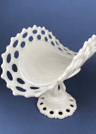 Vintage Milk Glass Serving Bowl with Fluted Sides and Reticulated Edge. White Dish with Lacey Edge. Home Kitchen Dining Table Decor.