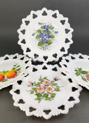 Westmoreland Milk Glass Plates with Lacey Brim. Set of 2. Reticulated Peacock Feather & Geometrical. Dining Room Table Decor. French Country