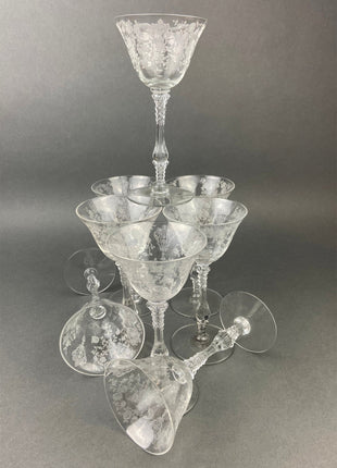 Vintage Cambridge Rose Point Etched Crystal Champagne or Low Sherbet Glasses, Set of 4, Collection #2