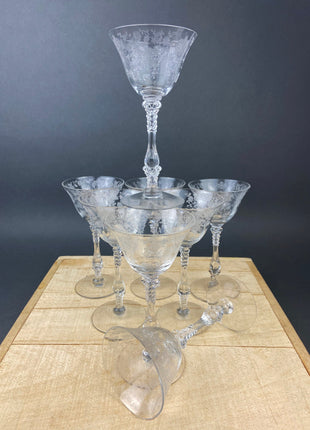 Vintage Cambridge Rose Point Etched Crystal Champagne or Low Sherbet Glasses, Set of 4, Collection #2