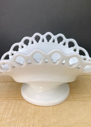 Vintage Milk Glass Serving Bowl with Fluted Sides and Reticulated Edge. White Dish with Lacey Edge. Home Kitchen Dining Table Decor.